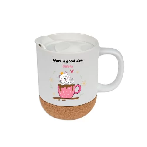 Tasse en céramique avec socle en liège amovible, Sublistar® Coating avec couvercle en plastique